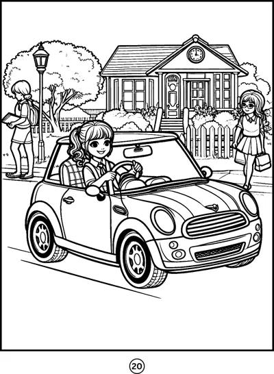 A girl drives a small rounded car past a house, a streetlamp and people walking by.