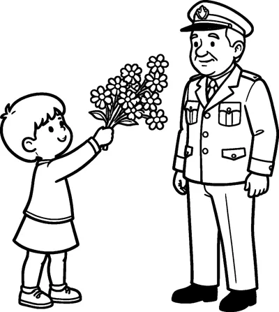 A young child holds up a bunch of flowers to a smiling older veteran in a uniform and cap.
