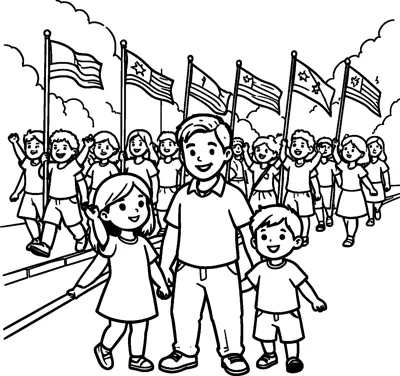 A smiling father holds hands with a girl and boy while children carrying flags march behind them.