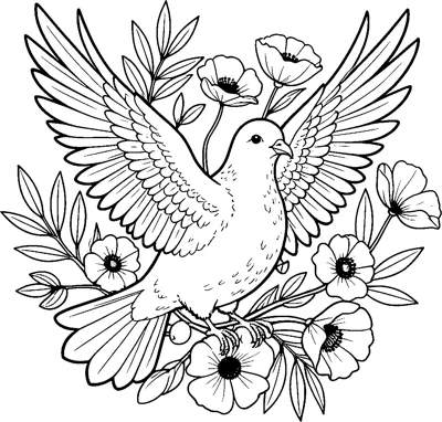 A dove with spread wings flies among olive sprigs and open poppies.