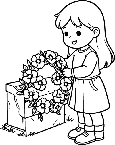 A girl with long hair leans a round wreath of poppies against a stone memorial block on the grass.