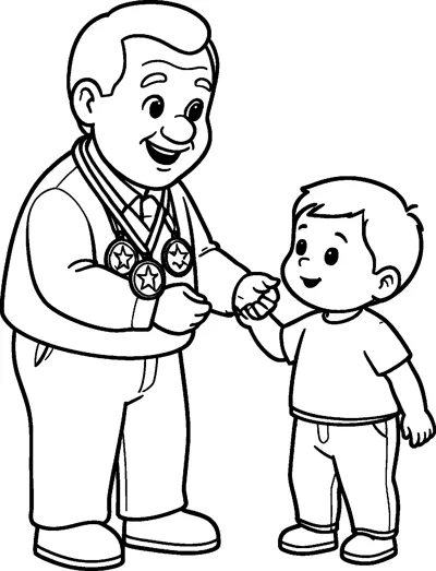A smiling grandfather wearing three star medals on ribbons holds a small boy's hand.