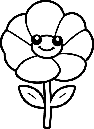 A big kawaii poppy with round eyes and a smile stands on a stem with two leaves.