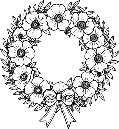 A ring of large poppies and small laurel leaves is tied with a ribbon bow at the bottom.