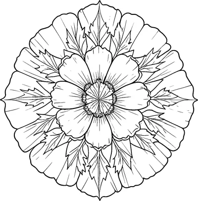 A round mandala with a poppy in the center surrounded by pointed leaves and rings of large petals.