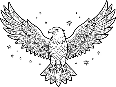 An eagle with wide patterned wings and a fanned tail faces forward among small stars.