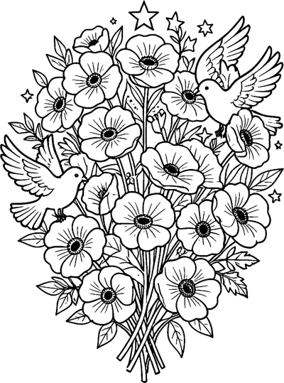 A tall bouquet of poppies tied with stems is surrounded by two flying doves and small stars.