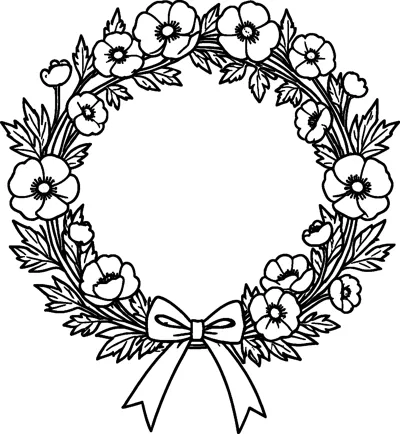 A round wreath of poppies, buds and leaves is tied with a ribbon bow at the bottom.
