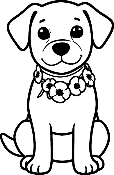 A floppy-eared puppy sits facing forward wearing a collar made of poppy flowers.
