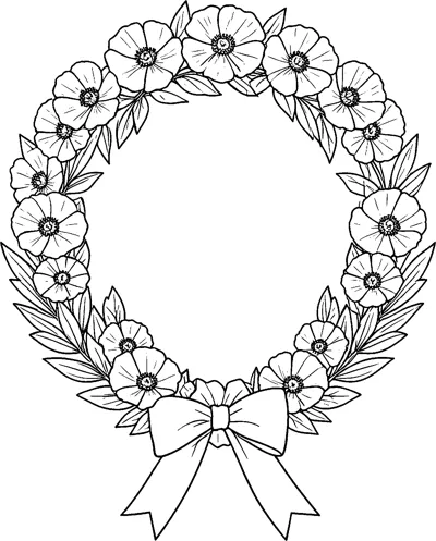 A round wreath of poppies and laurel leaves tied at the bottom with a ribbon bow.