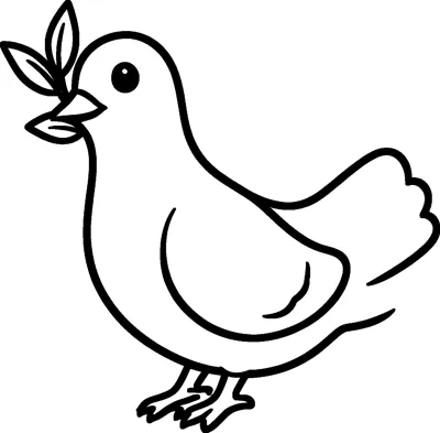 A plump dove standing on two feet holds a small olive sprig with a few leaves in its beak.