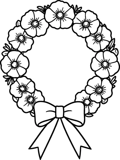 A round wreath made of poppy flowers and small leaves with a large bow at the bottom.