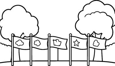 Five small flags on poles stand in a row on a grassy hill between two leafy trees.