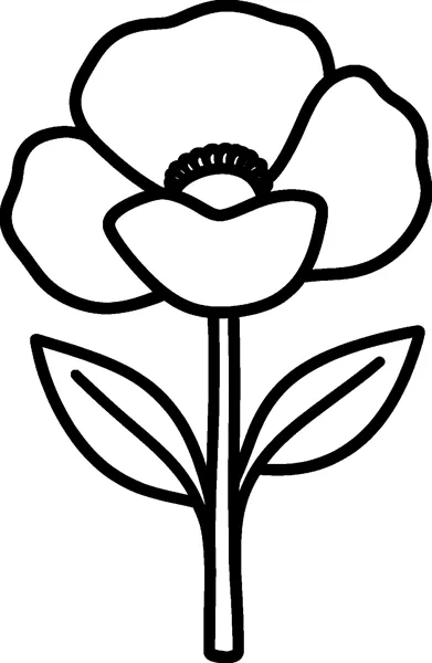 A single open poppy flower on a straight stem with two pointed leaves.
