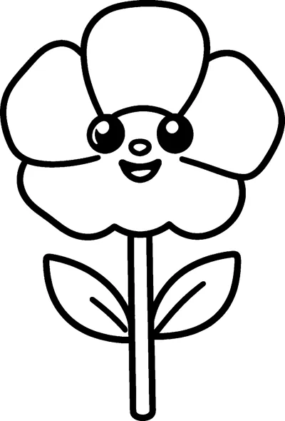 A cute poppy flower with big shiny eyes and a smile, standing on a stem with two leaves.