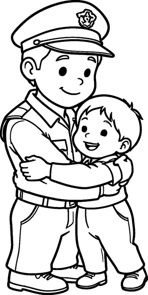 A smiling soldier in a peaked cap and uniform hugs a laughing child who holds on tight.