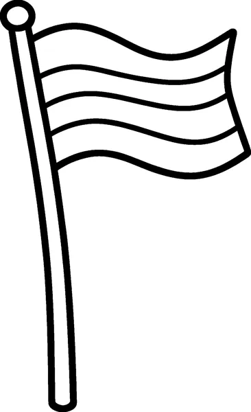 A flag with four wavy stripes flutters from a tall pole topped with a round ball.