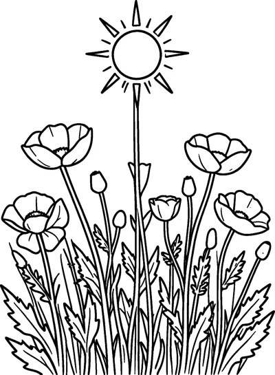 Tall poppies, round buds and jagged leaves grow beneath a sun with long rays.