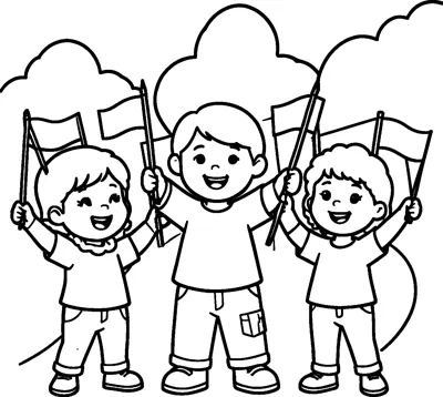 Three happy children hold small flags above their heads with fluffy clouds behind them.