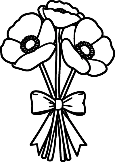 Three poppy flowers on long stems, gathered together and tied with a ribbon bow.