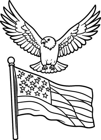 A bald eagle with wide open wings flies above a waving flag full of stars and stripes.