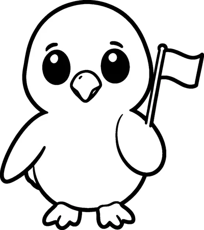A round baby eagle chick with big eyes holds a small plain flag on a stick under its wing.