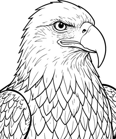 A close-up side view of a bald eagle's head and chest with a hooked beak and rows of feathers.