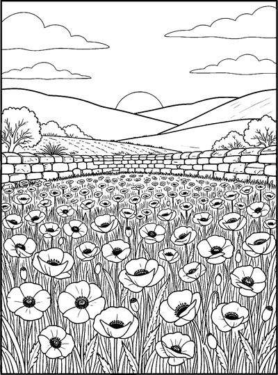 A wide field full of poppies and grass in front of a stone wall, rolling hills and a setting sun.