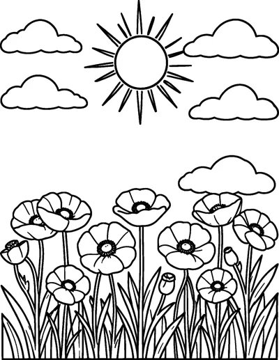 A row of poppies and tall grass under a bright sun with five puffy clouds.