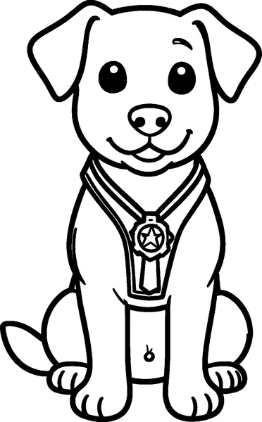 A happy puppy sits facing forward, wearing a harness strap and a round medal with a star.