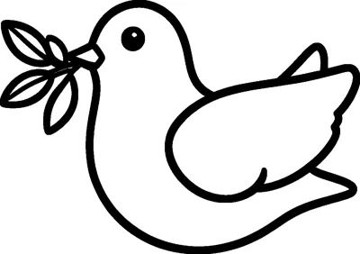 A round, simple dove flying to the left with a small leafy olive branch in its beak.