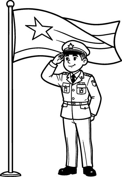 A friendly cartoon veteran in a uniform and cap salutes next to a tall flagpole with a waving flag.