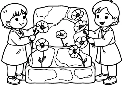 Two children stand on either side of a stone memorial, placing poppy flowers on it.