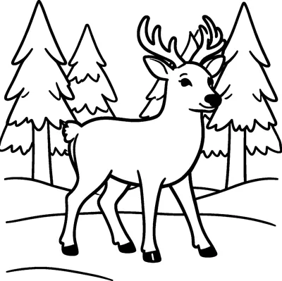 A deer with branching antlers standing on snowy ground in front of snow-covered pine trees.