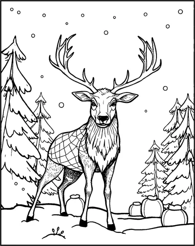 A reindeer with large antlers and a checked blanket stands among snowy pine trees.
