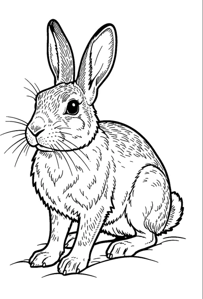 An arctic hare with tall ears, long whiskers and fluffy fur drawn in fine strokes sits on a low snowy mound.