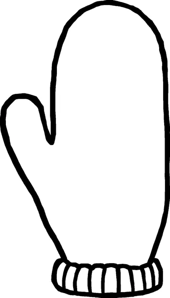 A large plain mitten outline with a thumb and a ribbed cuff at the wrist.