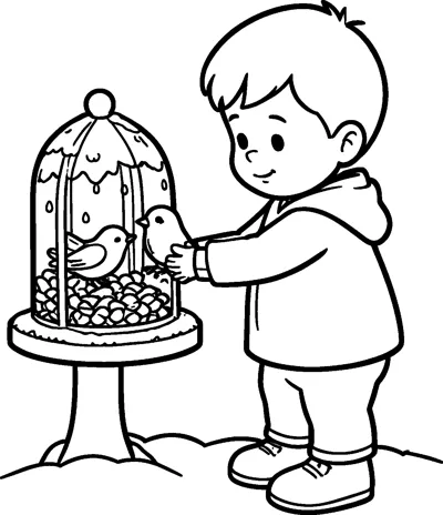 A boy in a hooded coat reaching out to two small birds at a bird feeder in the snow.