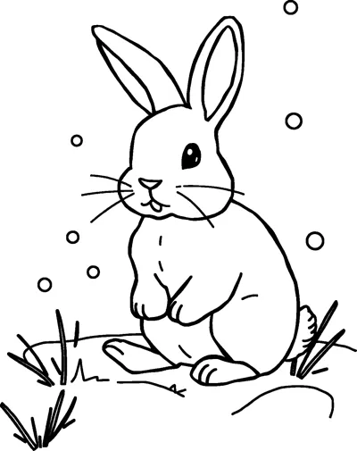 A rabbit with long ears sits up on its back legs while snowflakes fall around it.