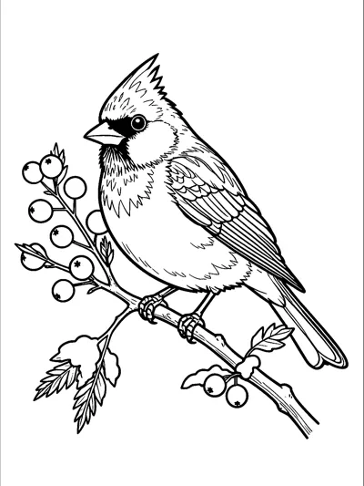 A cardinal bird with a pointed crest sits on a twig dotted with round berries, snowy lumps and a few leaves.