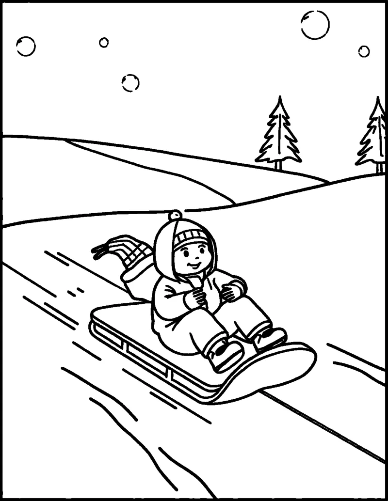 A child in a hooded snowsuit rides a sled down a snowy hill with pine trees behind.
