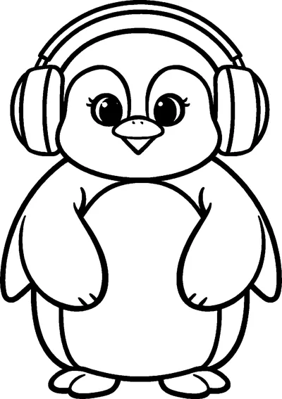 A round baby penguin with big eyes wears a pair of earmuffs over its head.