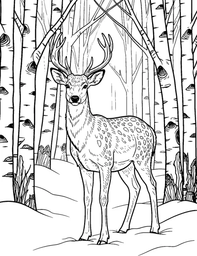 A stag with branching antlers and a spotted coat stands in the snow among tall birch trees with peeling bark.