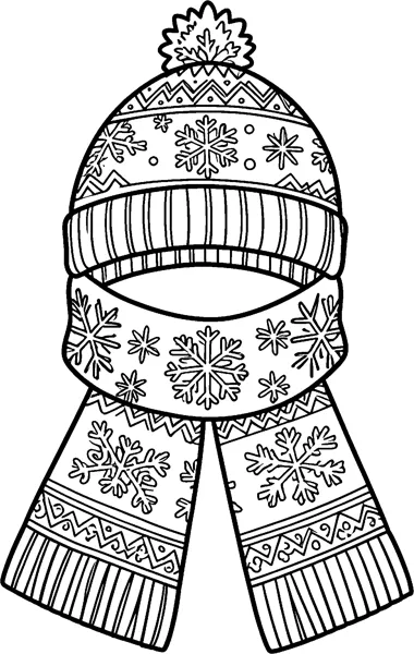 A bobble hat with a ribbed brim and fair isle bands sits above a matching scarf covered in snowflakes and fringed ends.