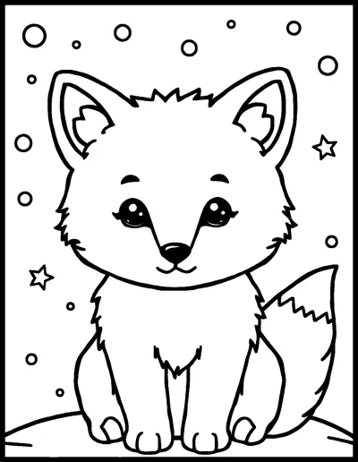 A fluffy arctic fox with big eyes sits on snowy ground as snow and stars fall.