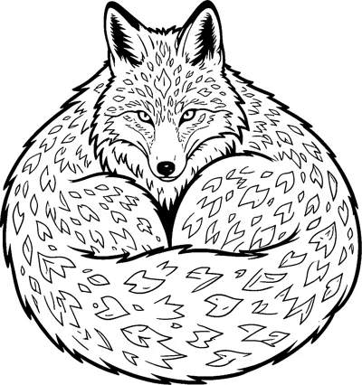A fox lies curled into a round ball with its bushy tail wrapped around its body, its fur filled with small leaf-like patterns.