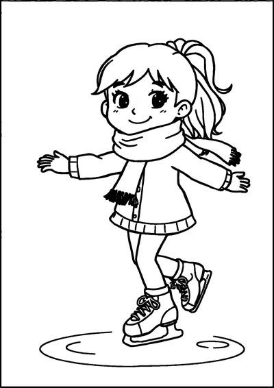 A smiling girl with a ponytail and scarf glides on ice skates with her arms out.