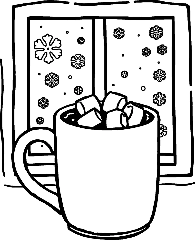 A big mug of hot chocolate piled with marshmallows in front of a window with falling snowflakes.