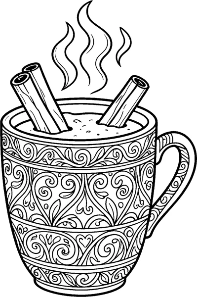 A large mug of hot cocoa with three cinnamon sticks and rising steam, its sides decorated with swirls, hearts and leaf patterns.