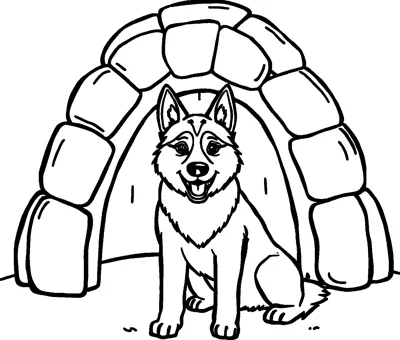 A happy husky dog sits in the arched doorway of an igloo made of snow blocks.